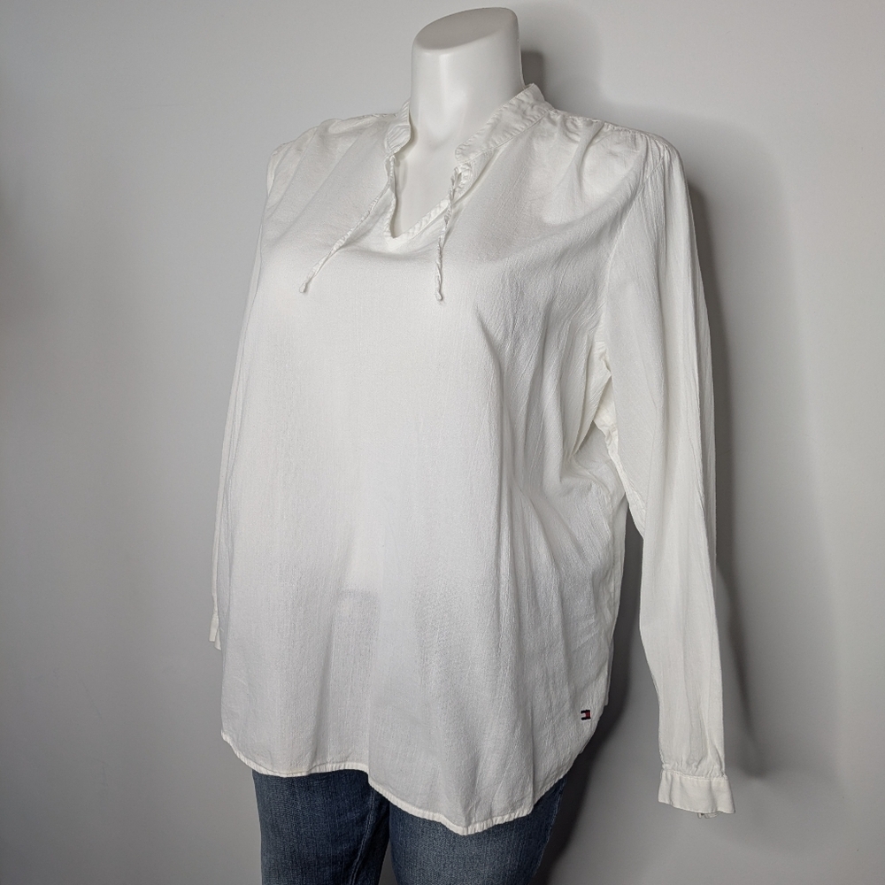 Tommy Hilfiger White Cotton Beachy Long Sleeve Tie Neck Top 18 - Picture 2 of 9